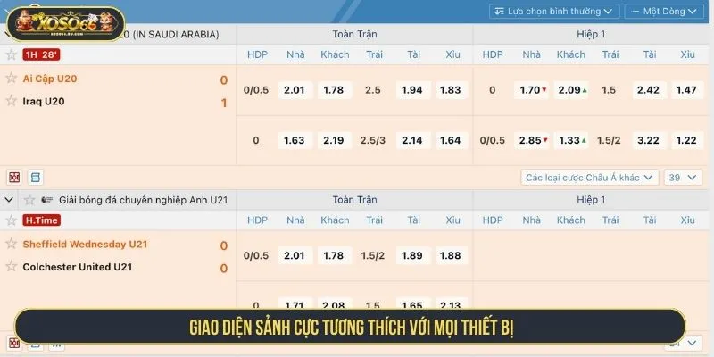 Trải Nghiệm Thể Thao XOSO66 Đỉnh Cao Bảng Odds Hấp Dẫn Giao diện sảnh cực tương thích với mọi thiết bị